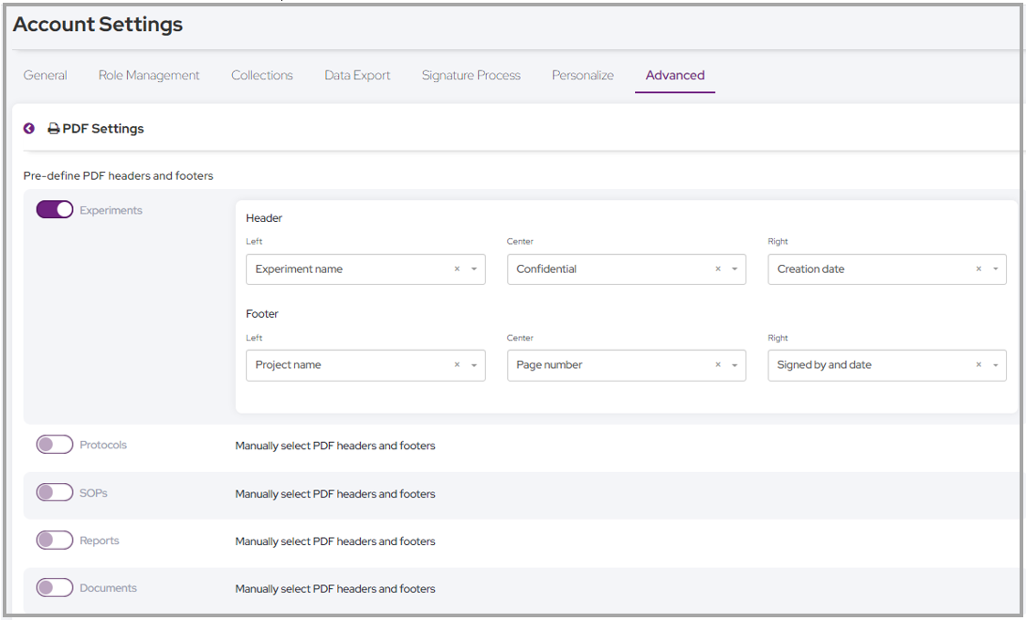 Account settings, advanced tab, PDF settings 