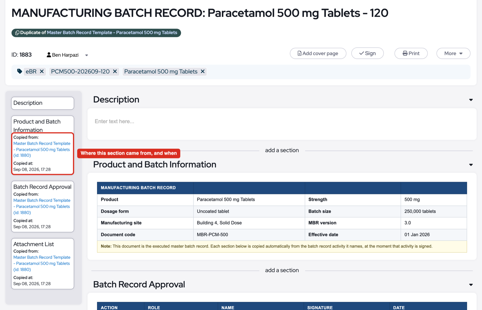 A generated custom report, with the section list recording the origin of each section