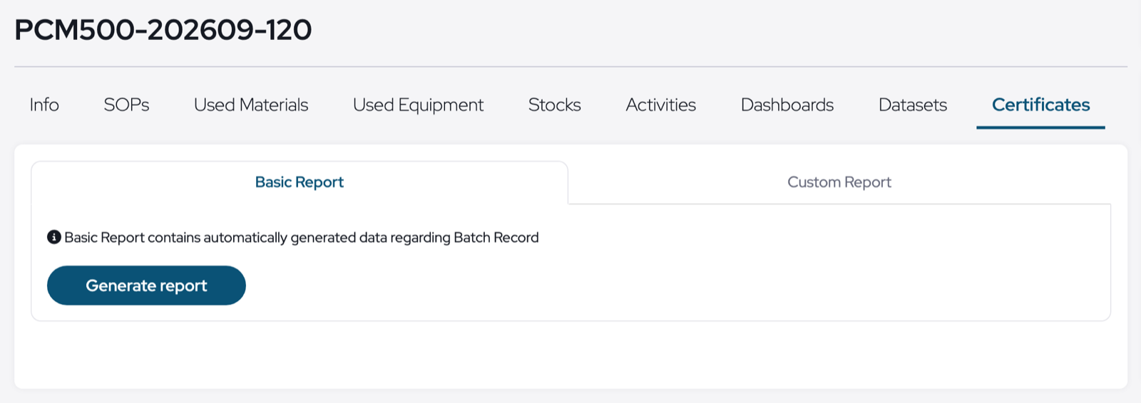 The Basic Report option on the Certificates tab of a batch record