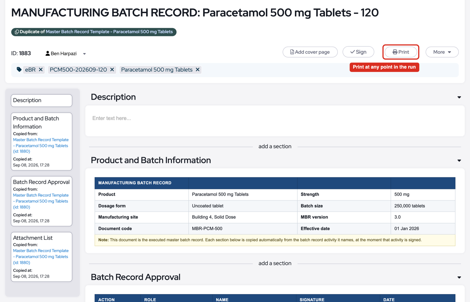 A custom report opened part way through a batch run, with the Print button available