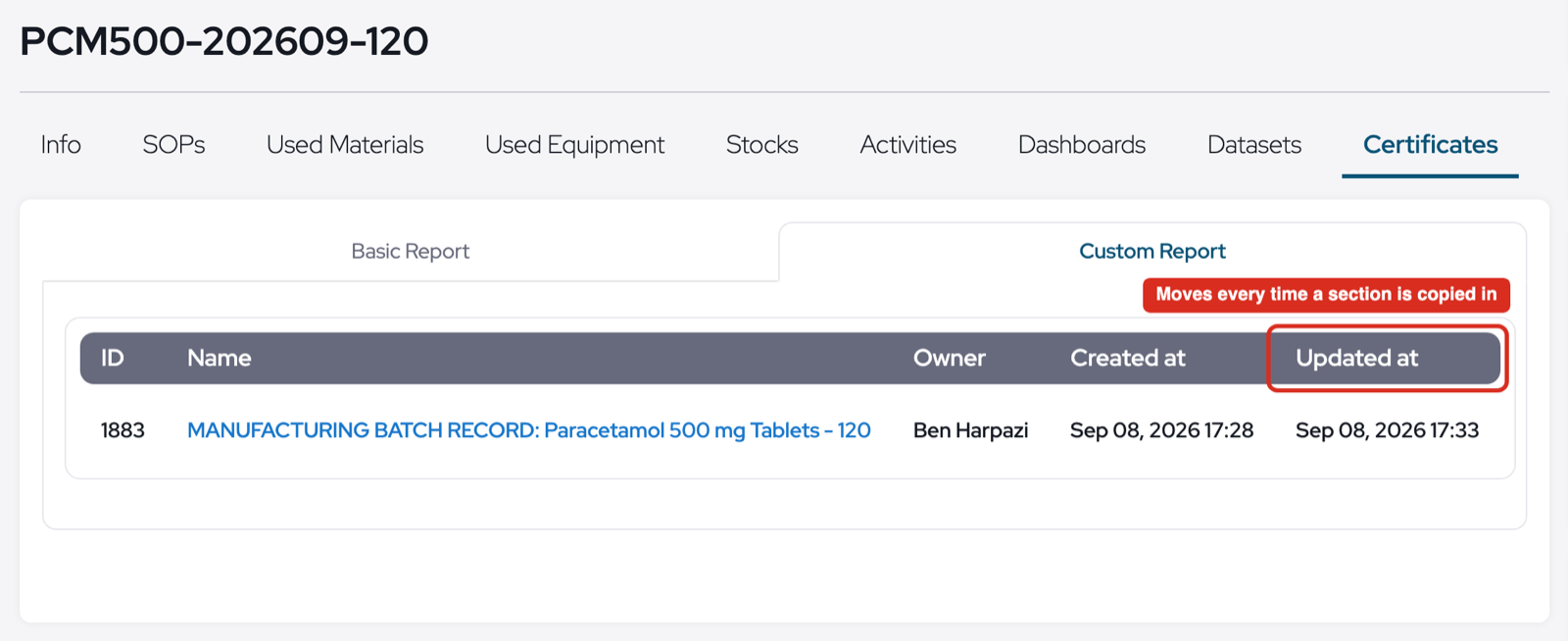 The Custom Report sub-tab under Certificates, listing the report belonging to one batch record